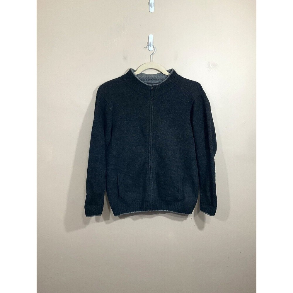 IrelandsEye Mens 100% Wool Full Zip Cardigan M Black/Gray Pockets Preppy Grandpa